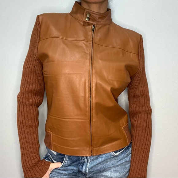Vintage Maurice Sasson Leather Moto Jacket Sweater Zip-Up - Picture 2 of 8